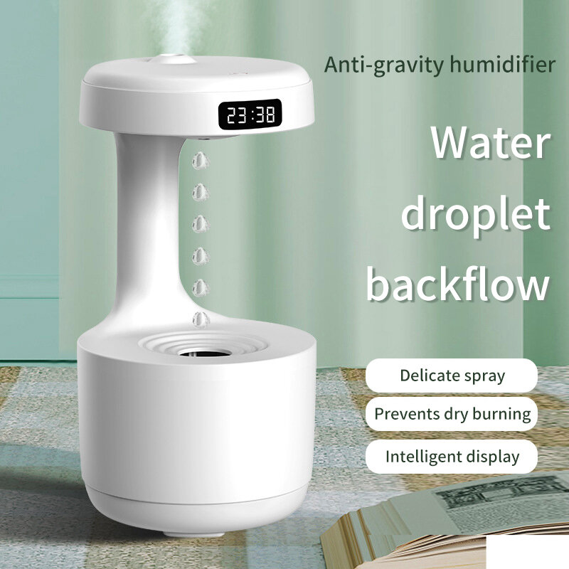 Water Droplet Air Humidifier 800ml Anti-gravity Diffuser Night Light Humidifier Bedroom Office Desktop LED Time Display Smart