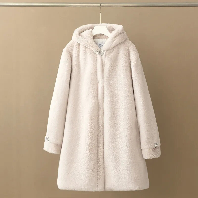 Women's Mink Fur Coat Mother Long Autumn Winter New Overcoat Add Velvet Padded Outwear Hooded Imitation Fur Jacket Ladies Blouse