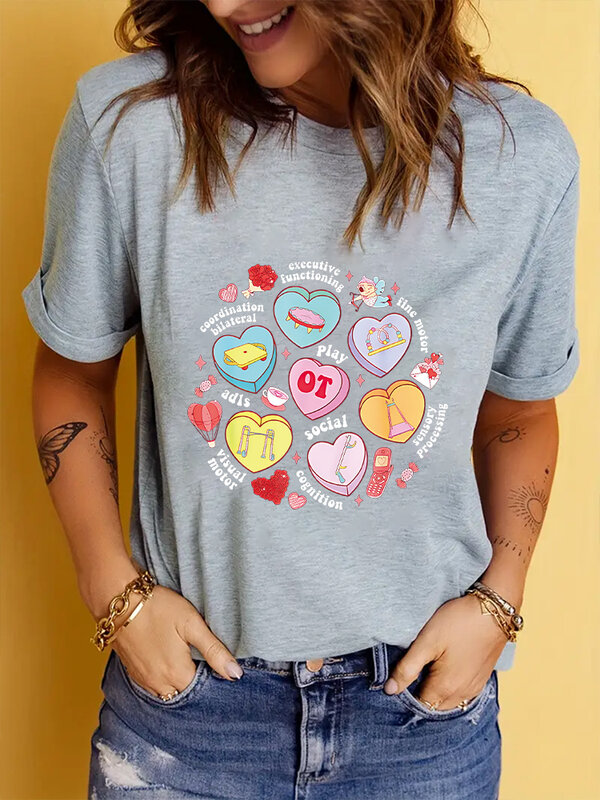 Camiseta con estampado de caja de regalo para mujer, camiseta con diseño creativo de amor, moda Harajuku Y2K, ropa Retro informal de cuello redondo, top para niña 2024