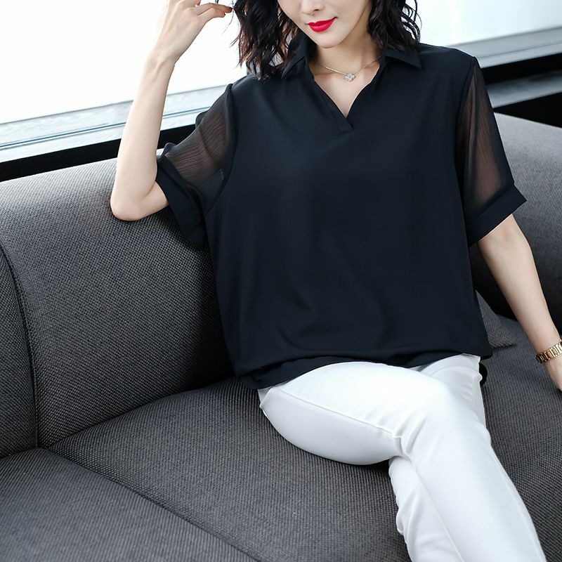 Summer New Black Loose All-match T Shirt Tops Short Sleeve Polo Neck Solid Color Vintage Blouse Fashion Casual Women Clothing
