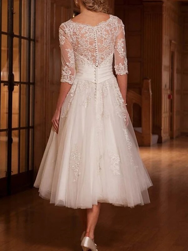 Białe suknie ślubne z dekoltem do połowy łydki z okrągłym dekoltem w kształcie litery A dla damska suknia de mariée 2023 suknie ślubne vestidos de novia Custome uszyte