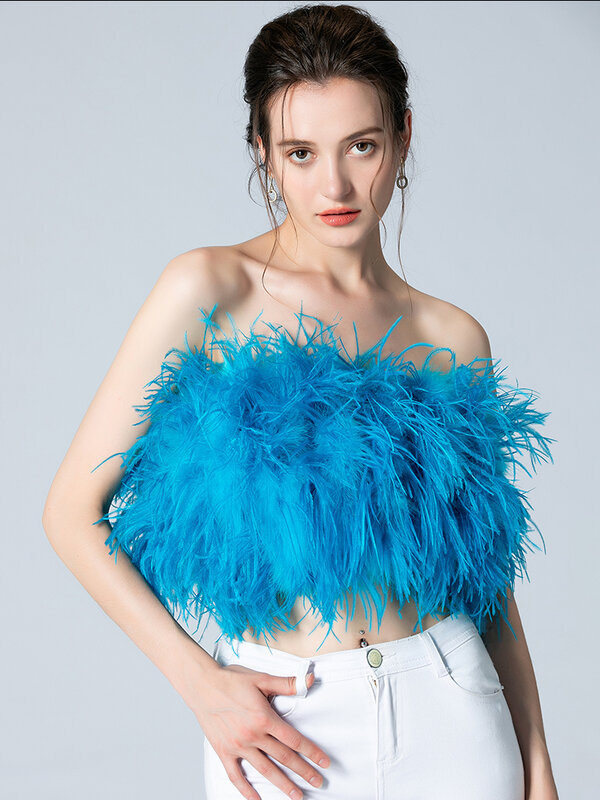 Korset Bulu Burung Unta Asli Berbulu untuk Wanita Pakaian Crop Top Seksi Musim Panas Mantel Bulu Pendek Wanita Pakaian Mode 2022