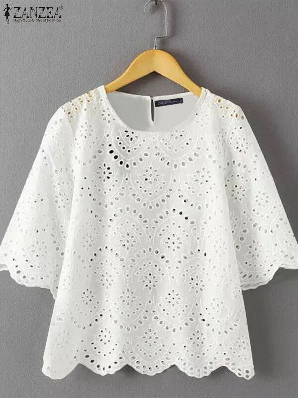 ZANZEA Elegant Hollow Out Blouses Half Sleeve Women Casual Loose Fashion Blusas Lace Patchwork Solid Holiday 2024 Summer Shirts