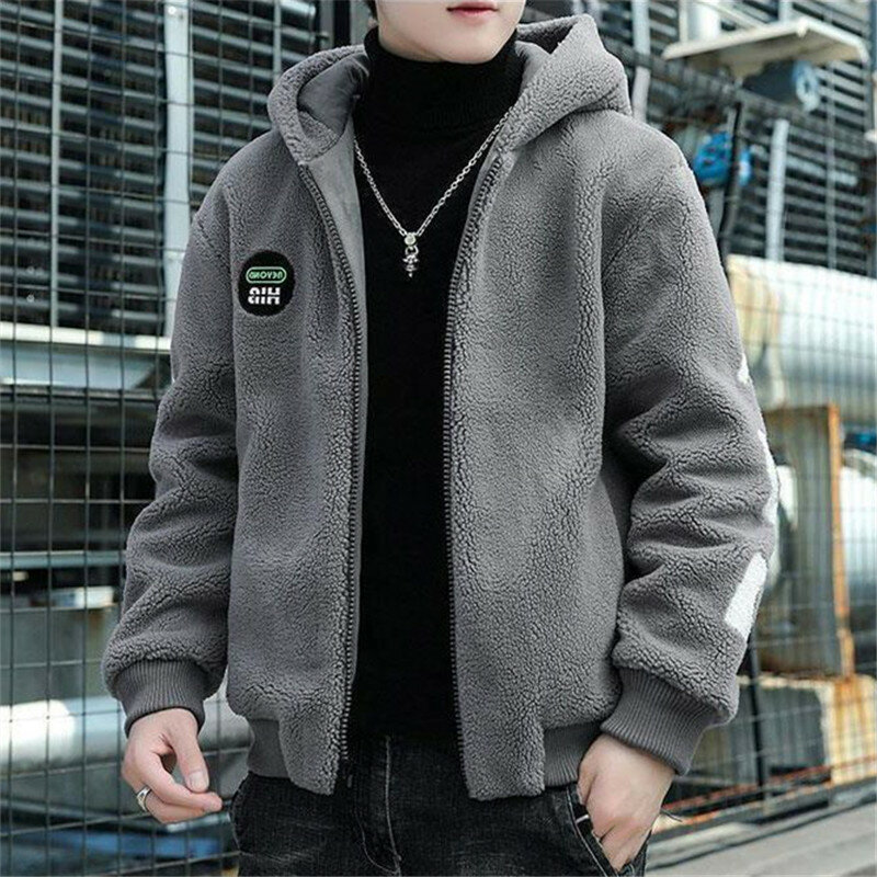 Mantel Wol Domba Pakaian Pria Korea Ritsleting Kasual Jaket Berlapis Katun Pria Musim Gugur Musim Dingin Mode Pakaian Luar Lengan Panjang Saku