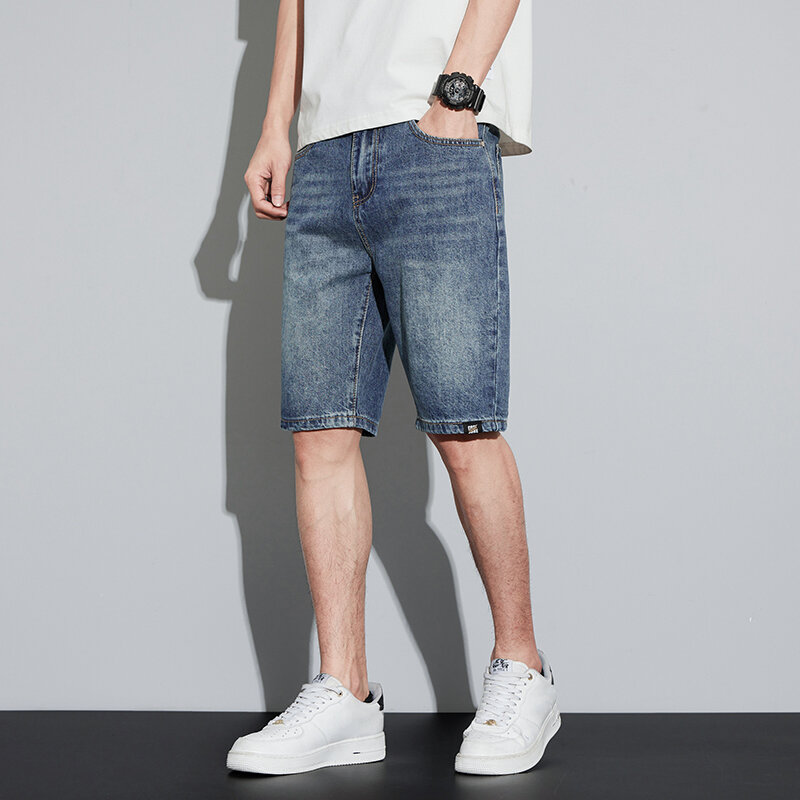 Kstun-azul denim shorts para homens, magro, reto, comprimento do joelho, streetwear, casual, roupas de verão, 2024