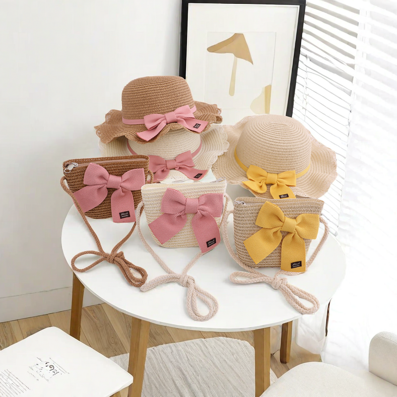 Little Girl's Braided Fisherman Hat, Sunshade Straw Hat, Fashionable Lace, Big Brim, Pink Bow, Mini Coin Purse Set, Summer