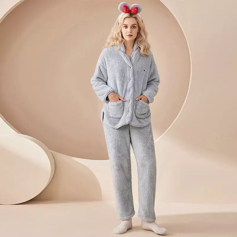 Pijama de franela gruesa para hombre y mujer, ropa de dormir cómoda de manga larga con botones, terciopelo Coral, Otoño e Invierno