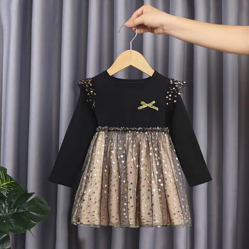Girl's Baby Dress Autumn Dress With Plush Korean Version Girl's Pure Cotton Fluffy Skirt Girl's Stylish Star Mesh Princess Skirt