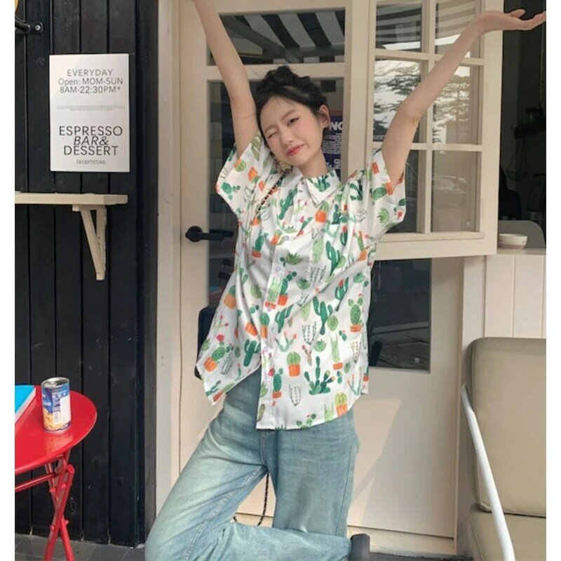 Shirt Women Cactus Print Retro Ladies Tops Lovely All-match Harajuku Korean Streetwear Female Clothing Ins Women's Blouse