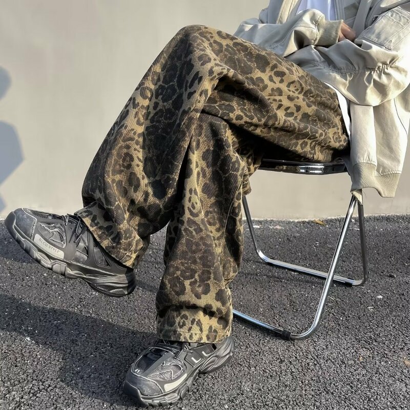 Calças retas estilo Y2K com estampa de leopardo, calças soltas, streetwear, revisão coreana, muitas roupas populares para primavera