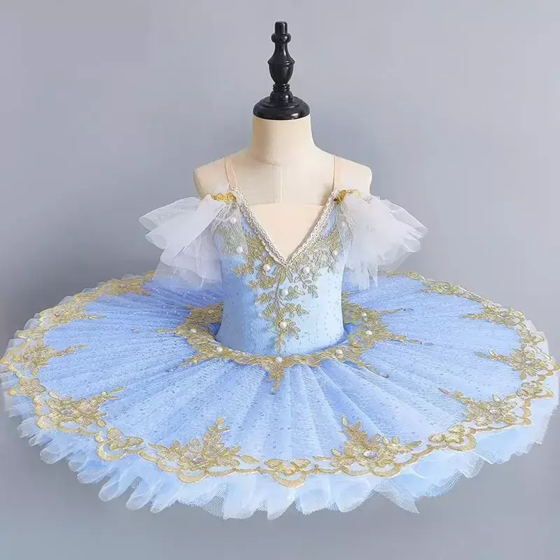 Fato de balé feminino, vestido profissional de festa panqueca azul e rosa