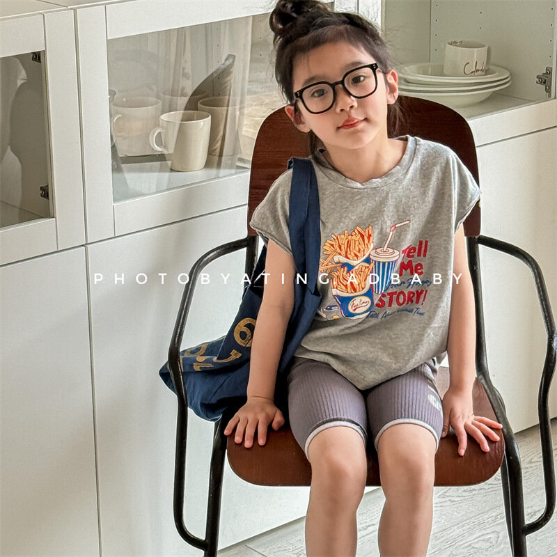 2024 letnie nowe dziecięce koszulki bez rękawów nadruk kreskówkowy koszulka Tess dla chłopców dziewczynki bawełniane topy koreańskie ubrania dla dzieci
