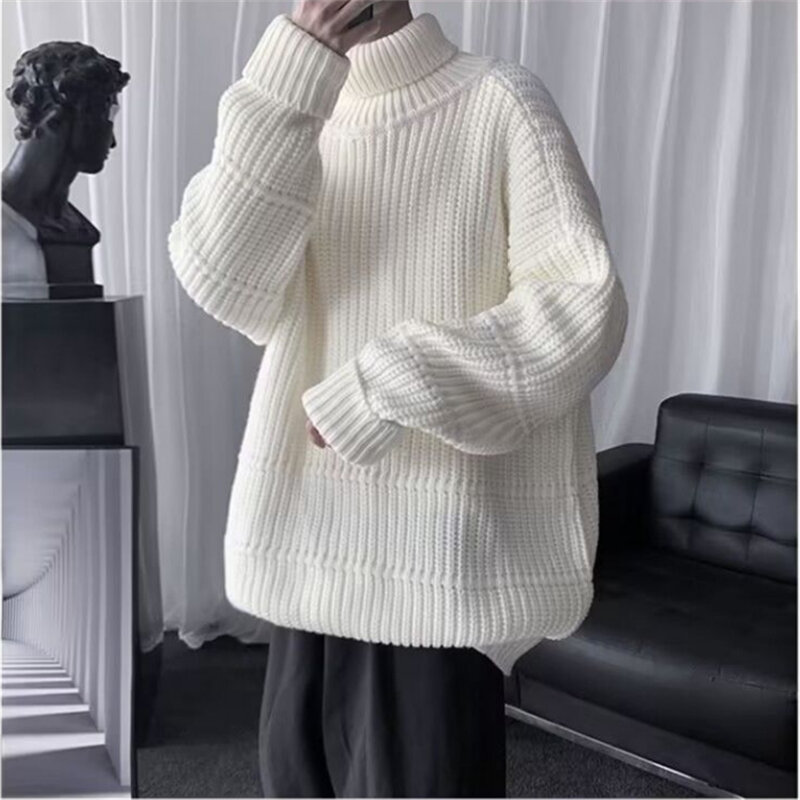 Męska swetry z golfem casualowe w stylu Streetwear jednolity kolor luźny, dzianinowy sweter męska odzież jesienno-zimowa męska