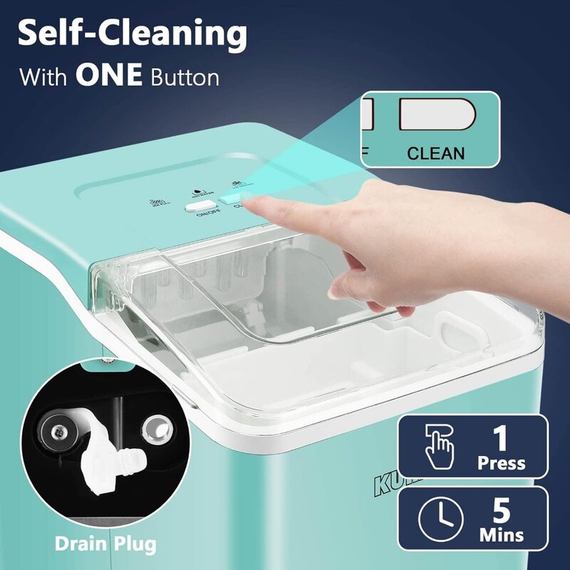 Self-Cleaning Ice Maker, máquina de gelo portátil com Ice Scoop e cesta, azul, 26,5 lbs, 24 hrs