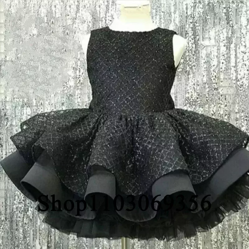 Black Flower Girl Dress Sleeveless Backless O-Neck Knee-Length Children Kids Girl Wedding Birthday Holiday Party Ball Gown