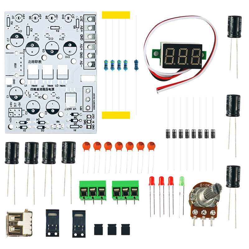 조정 가능한 조정 가능한 전원 공급 장치 DIY 키트, 포지티브 및 네거티브, 4 방향 DC 전압 안정화 회로 기판, LM317, 5V, 9V