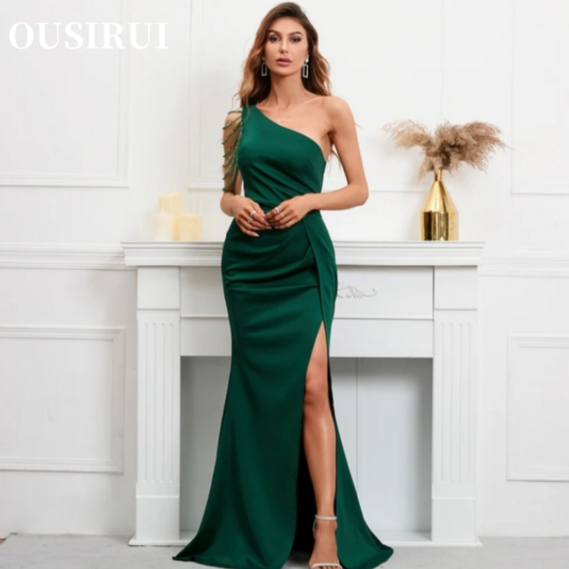 OUSIRUI Women Sexy Slit Long Prom Dress Evening Dress One Shoulder Slash Neck Beading Party Maxi Dress Evening Dress 2024