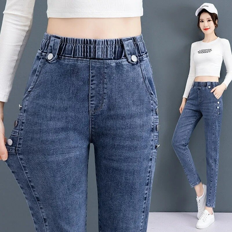 Jeans pensil Skinny wanita pinggang tinggi melar gaya Korea Vaqueros pakaian jalanan kasual celana Denim ramping celana Denim berkancing Jeansy Vintage