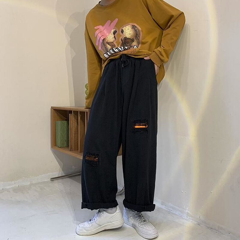Тренд бренда Tide, новинка, мужская одежда в японском стиле ретро, рваные джинсы, укороченные брюки с широкими штанинами, свободные прямые брюки
