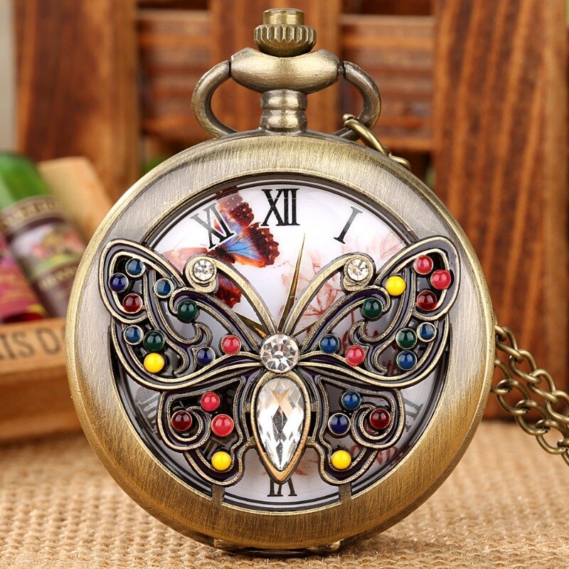 นาฬิกาพกคริสตัลผีเสื้อสีทองสำหรับผู้หญิง Jam rantai FOB แนวย้อนยุคโซ่จี้ห้อยคอน่ารักสุดหรู