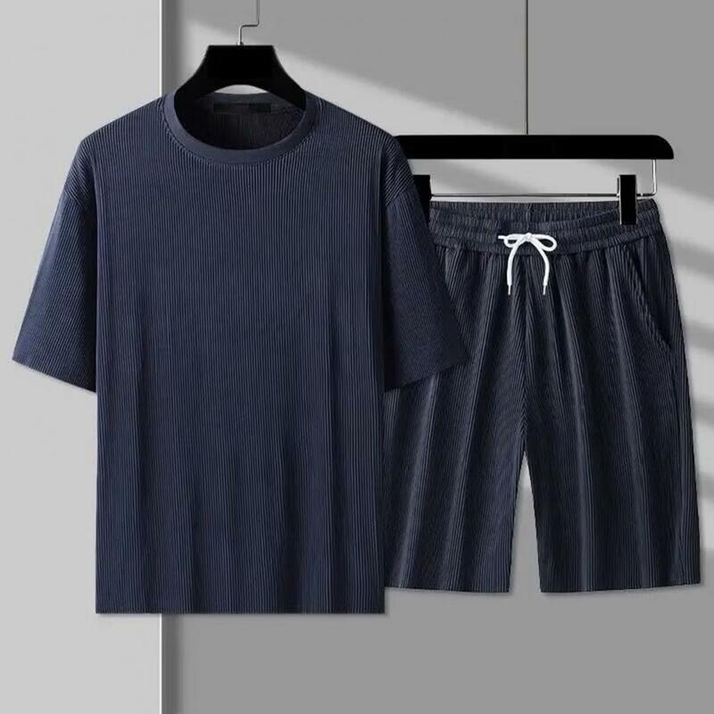 Conjunto de roupa esportiva casual masculino, camiseta com decote em O, calção de cintura com cordão, bolsos, sólido para o conforto, roupa de duas peças, verão