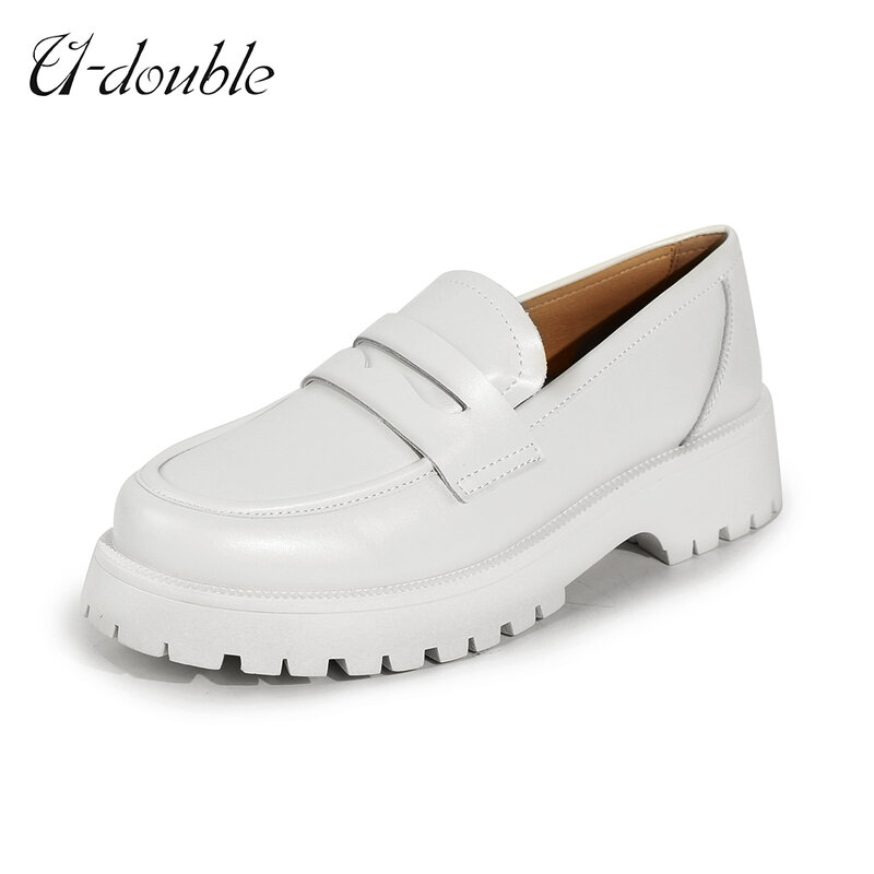 U-DOUBLE รองเท้าผู้หญิงสไตล์อังกฤษพื้นหนา2022รองเท้าโลฟเฟอร์ลำลองหนังแท้รองเท้าแฟชั่นสำหรับเด็กผู้หญิง