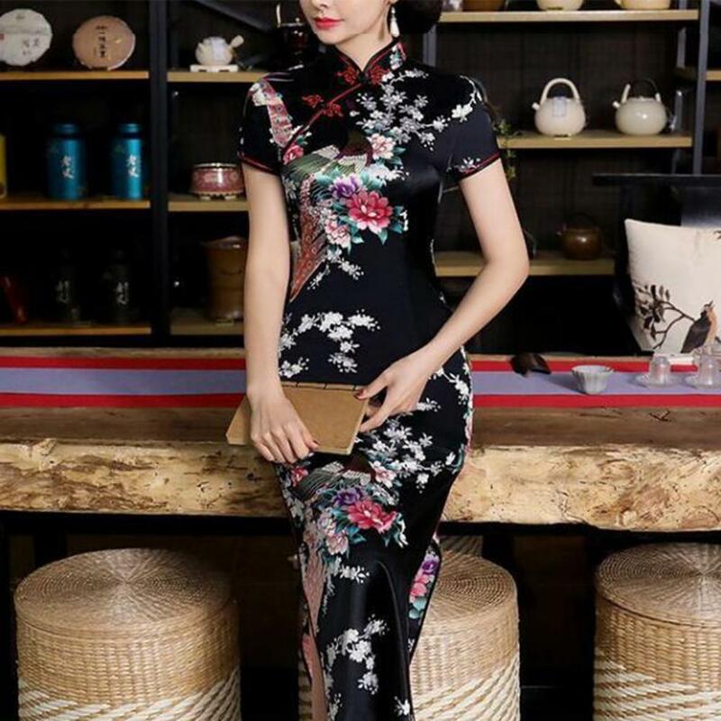 Vestido tradicional chinês feminino, estampa floral, gola em pé, Qipao, lado alto, rachado, botões de nó, verão