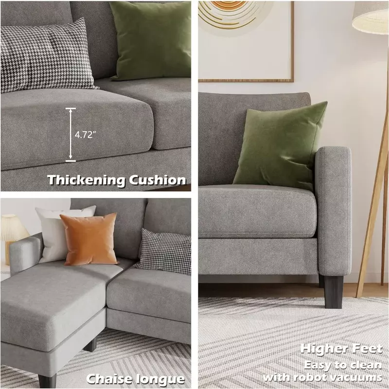 Sofá secional conversível em forma de L, assento macio, tecido de linho moderno, pequenos sofás para sala de estar, sofá de luxo, 3 em forma de L
