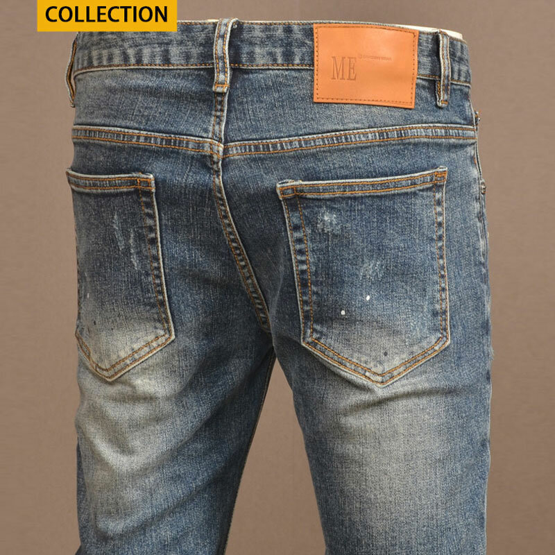 Moda Streetwear uomo Jeans retrò blu elastico Skinny Fit Jeans strappati pantaloni con foro da uomo pantaloni in Denim Vintage firmati con patch