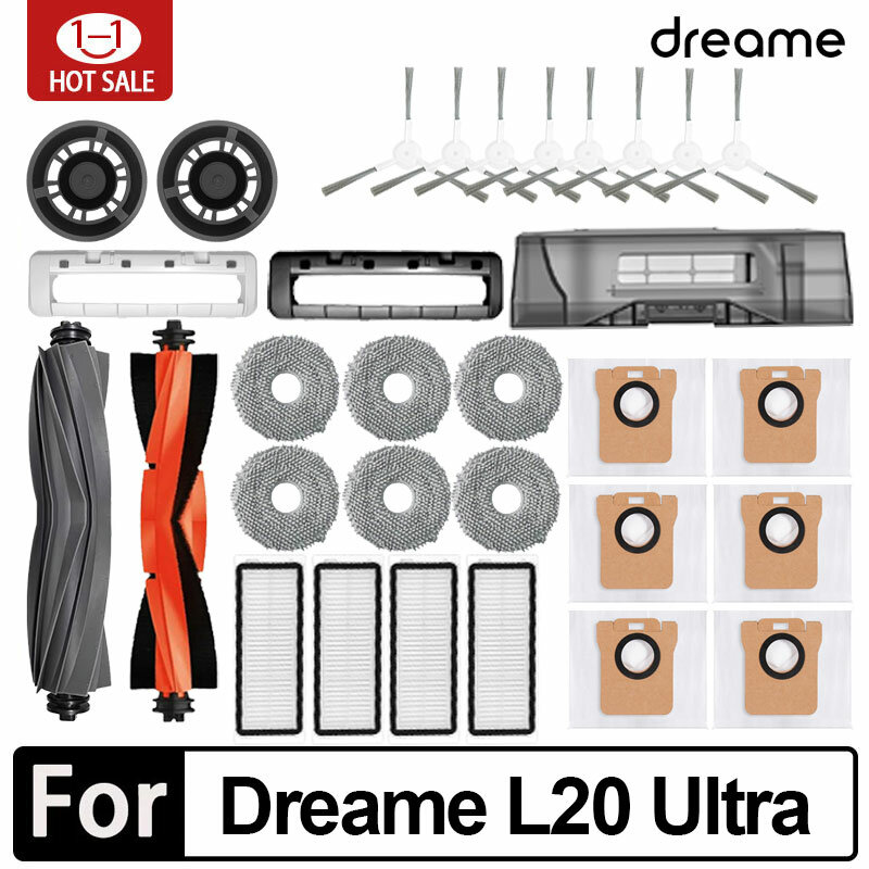 Dreame-Accesorios de aspiradora L20 Ultra Robot, cepillos laterales principales de goma, paños de fregona, filtros HEPA, bolsa de polvo, piezas de repuesto