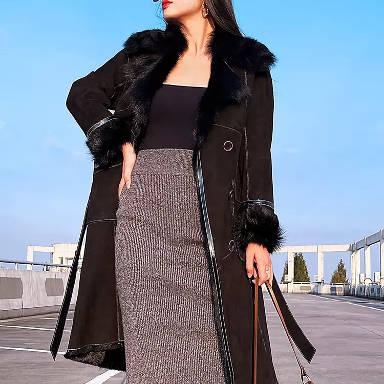 Chaqueta de piel de lana Natural para mujer, abrigo de piel de oveja auténtica, abrigo largo con cinturón Delgado negro, abrigo de piel para invierno, Zm