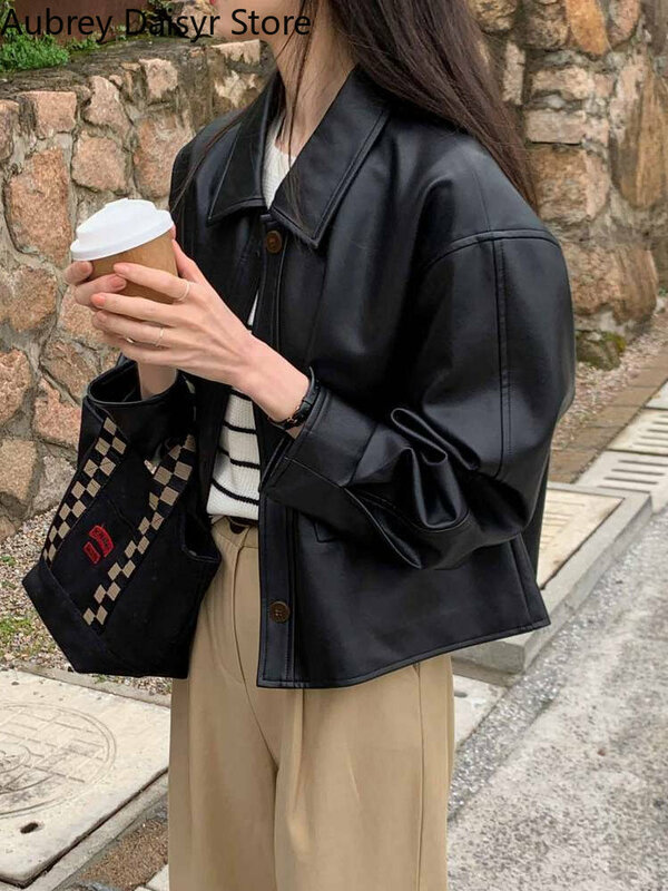 Jaket Kulit Potongan Tren Mode Korea Mantel PU Punk Hitam Jalanan Tinggi Wanita Streetwear Blazer Kulit Kasual Vintage Tipis