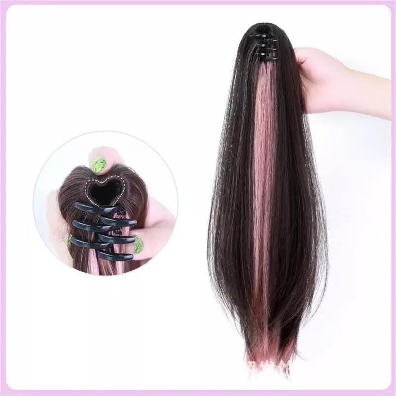 Synthetic Claw Clip Straight Ponytail Highlights Blue Long straight Ponytail Extension Claw Clip In Ponytail Hair Extensions