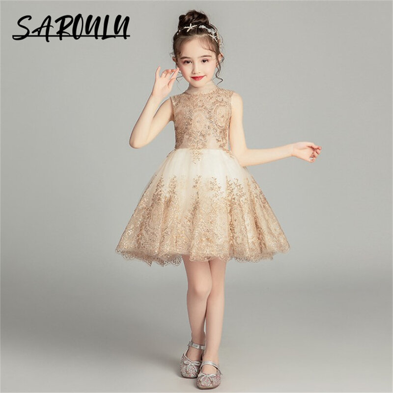 Gold Appliques Sleeveless Flower Girl Dresses For Wedding Party Luxury Appliques Tulle Ballgown Girls Formal Dress Birthday Gift