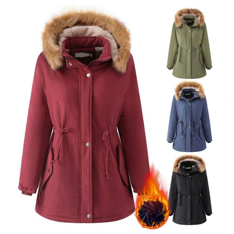 여성용 중간 길이 분리형 후드 재킷, 단색 기모 안감, 스탠드 칼라, 긴팔 아우터, 가을, 겨울 코트