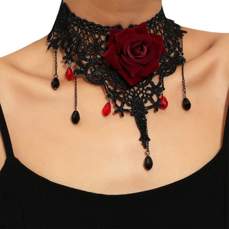 Goth-Halskette, Gothic-Halsband, Damen-Blumen-Halsband, Rosen-Halsband, Spitzen-Halsband