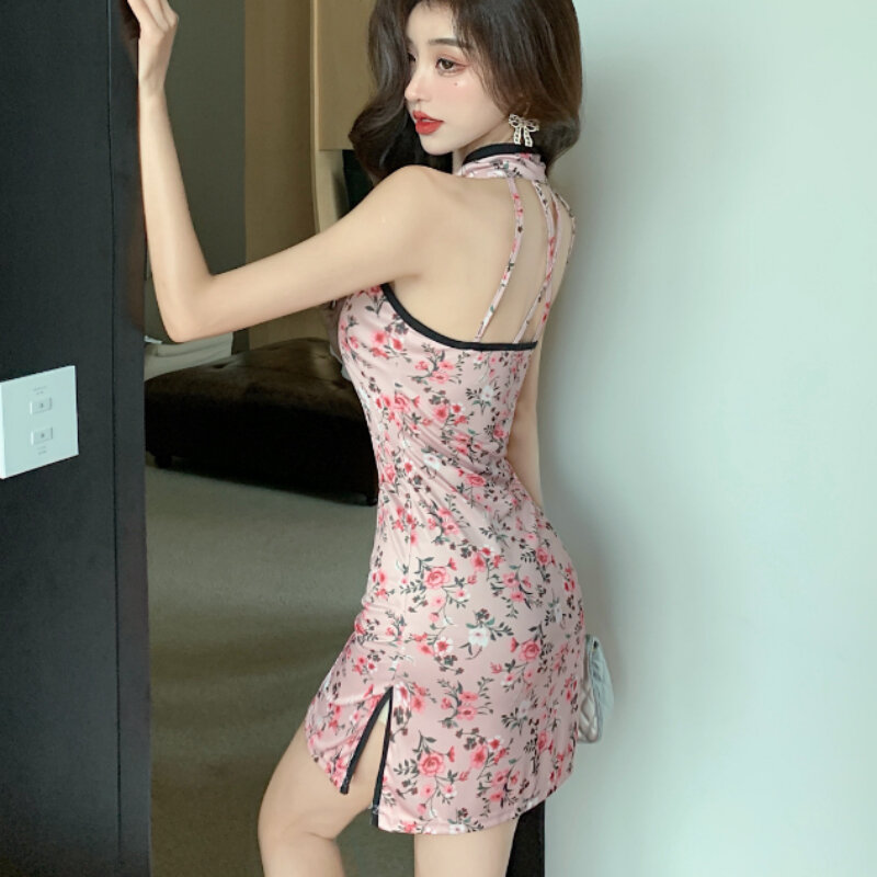 Vestido feminino com fenda lateral, vestido magro, linha floral brilhante, estilo chinês, temperamento delicado, botão gracioso de verão, sexy