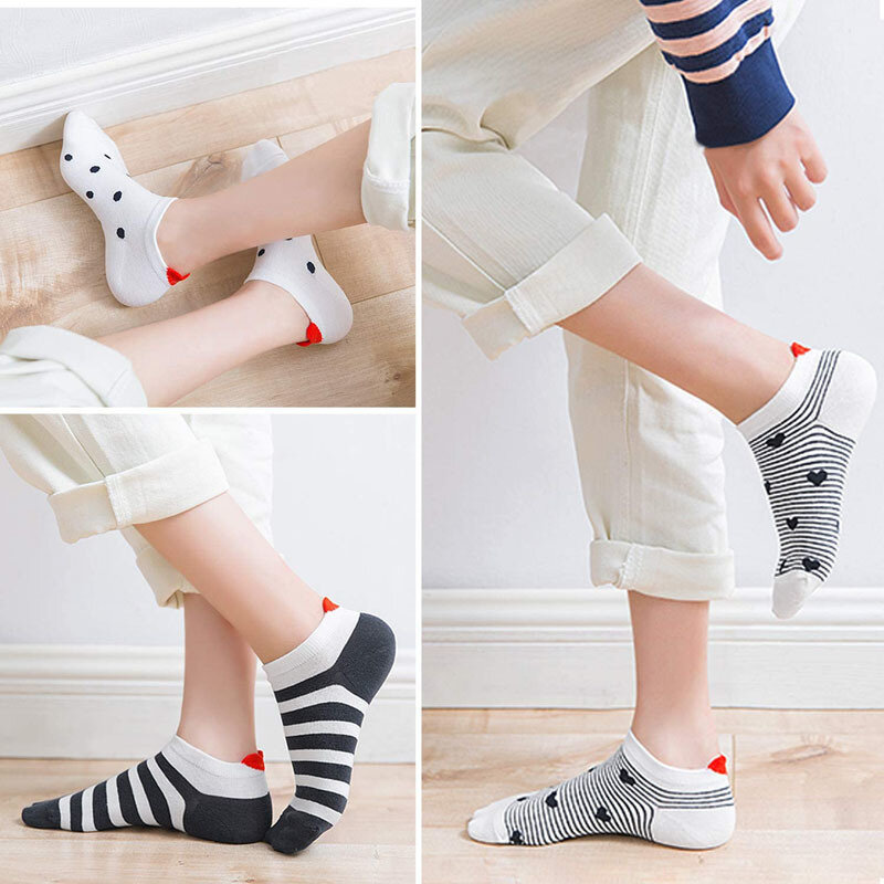 Calcetines cortos con estampado de corazón para mujer, medias tobilleras de algodón, corte bajo, informales, 5 pares