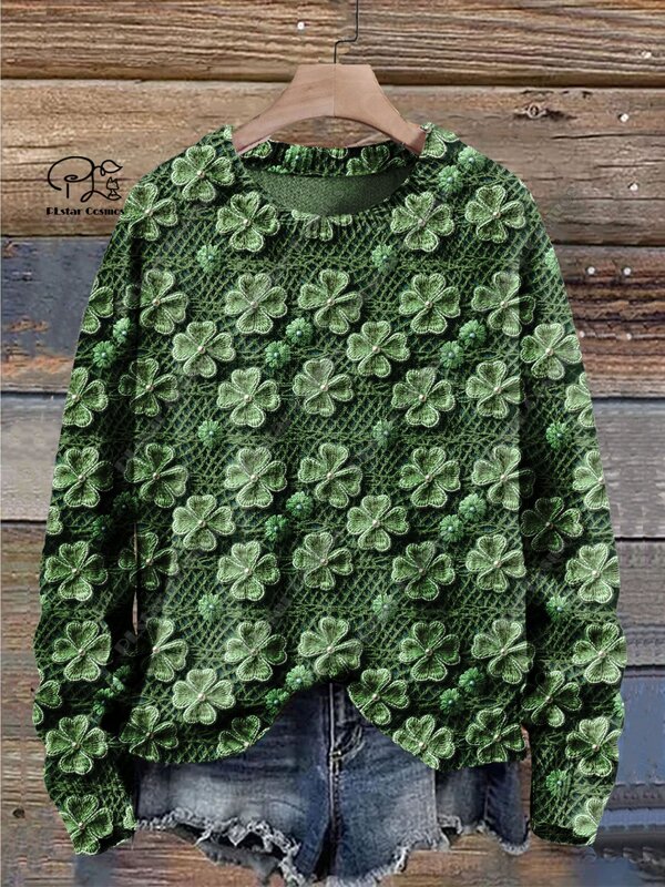Plstar Cosmos-小さな花柄の快適なセーター,緑のシリーズ,クローバー,3Dプリント,カジュアル,ユニセックス,ストリート,冬