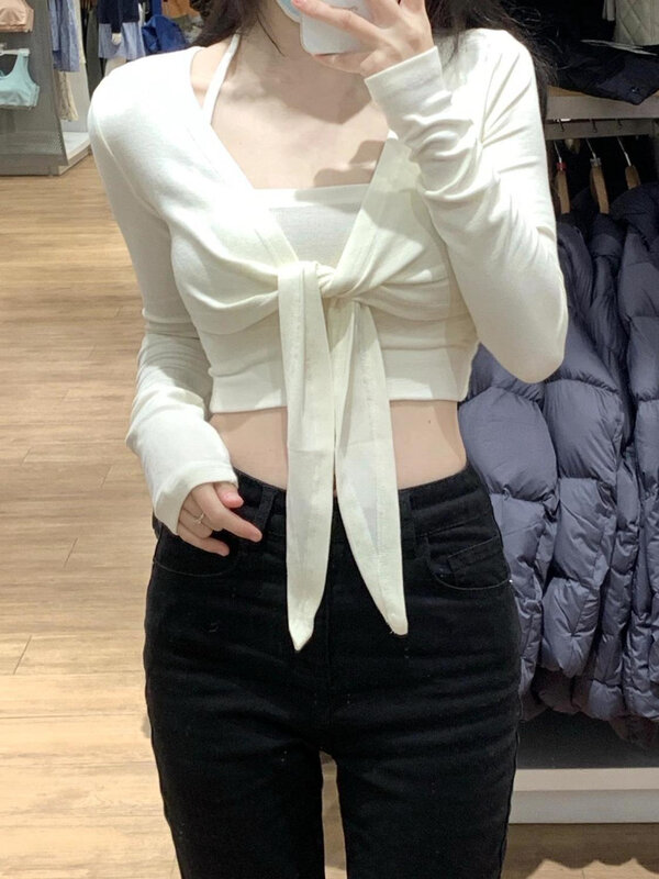 Женский короткий блузка, Простой чистый тонкий сексуальный трикотажный топ для девушек, модная уличная одежда в Корейском стиле с длинными рукавами для отдыха