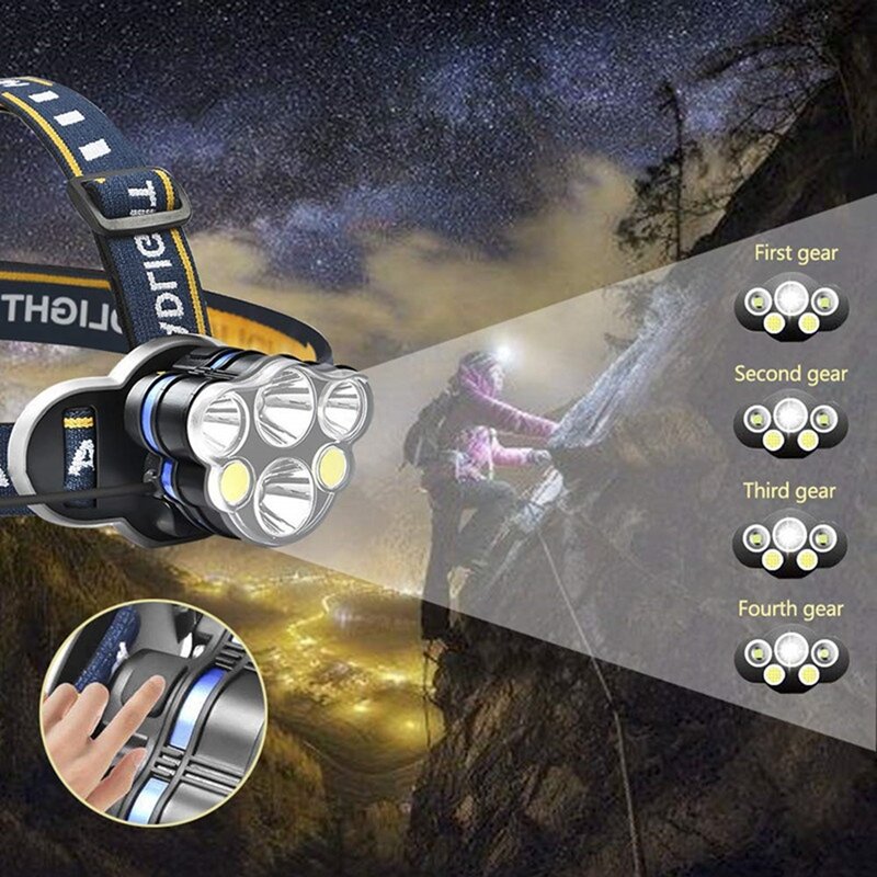 Lâmpada recarregável principal, alta potência 7LED Searchlight, IPX5 impermeável, apto para correr, pesca, ao ar livre, 1800mAh, 10W