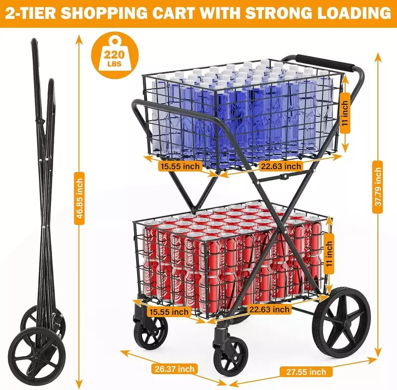 Carrito de compras extragrande de 2 niveles para comestibles, carrito de comestibles de 400Lbs con 2 cestas de almacenamiento extraíbles, 2024