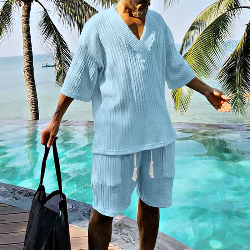 Streetwear Męskie letnie dwuczęściowe garnitury Moda Luźne koszulki z półrękawkiem i szorty z dekoltem w szpic Mężczyźni Vintage Stroje w jednolitym kolorze