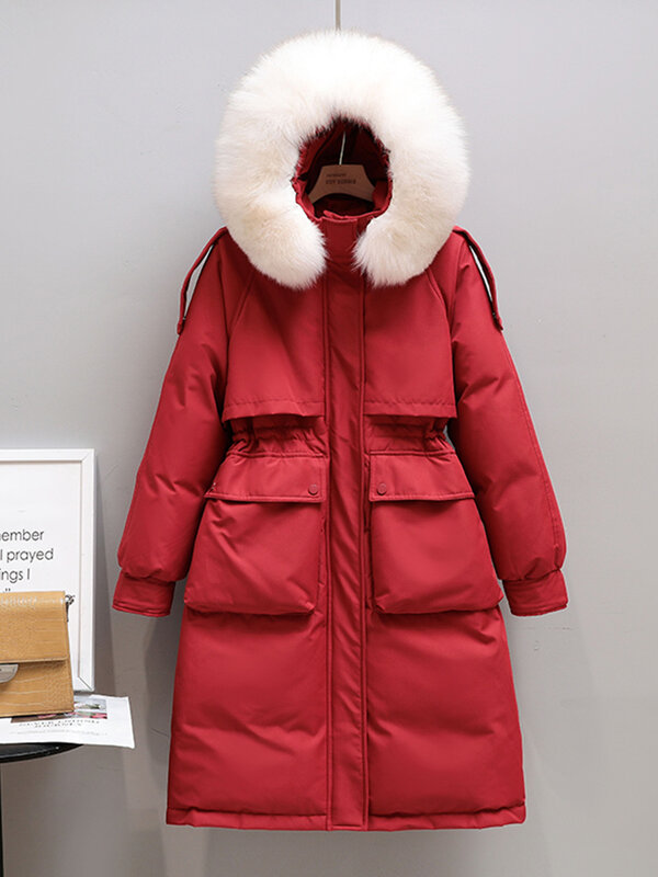 Giacca lunga da donna invernale 2022 nuovo collo di pelliccia naturale parka con cappuccio 90% piumino d'anatra bianco spessore cappotto caldo da neve donna