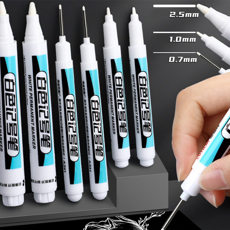 White Permanent Paint Pen Set, marcador de buraco profundo, madeira, rocha, plástico, vidro, pedra, metal, lona, cerâmica, 0.7mm, 1.0mm, 2.5mm, 1Pc