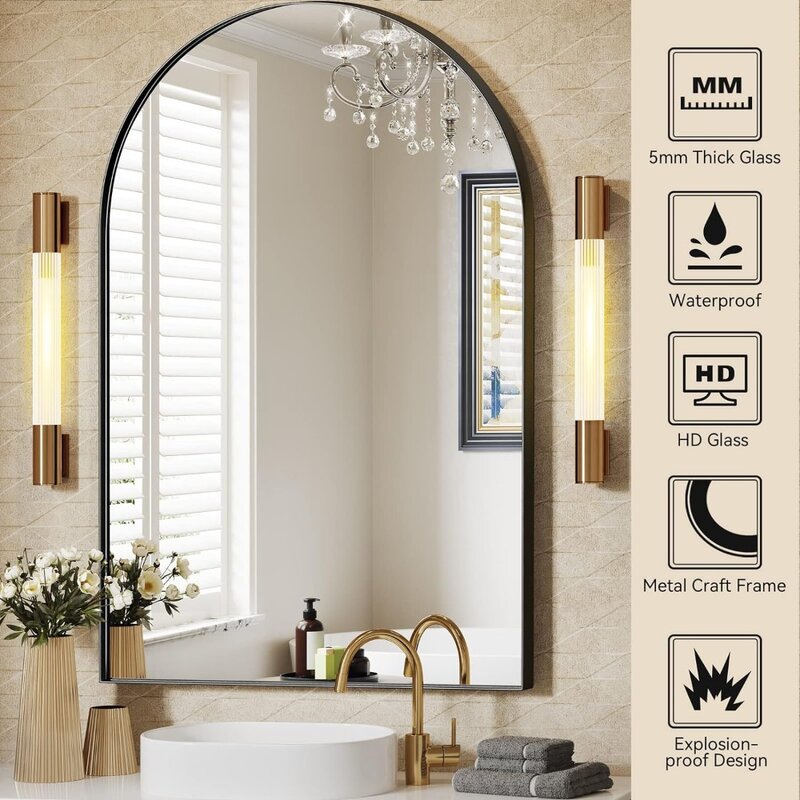 Espelho arquhado da parede para o banheiro, espelho preto do arco, quadro do metal, vaidade superior, 24x3 6 Polegada
