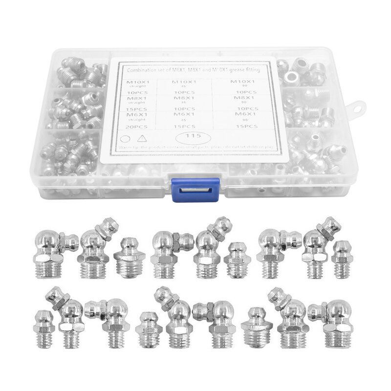 Kit surtido de accesorios para pezones de grasa Zerk, acero 115 piezas, recto, 90 grados, ángulo de 45 grados (M6,M8,M10)