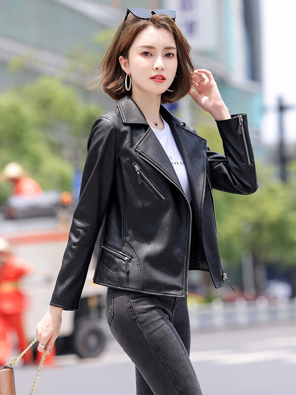 New Women Biker Leather Jacket Fashion Suit Collar Moto Coat Slim Split Leather Outerwear Long Sleeve Sheepskin Tops Coat