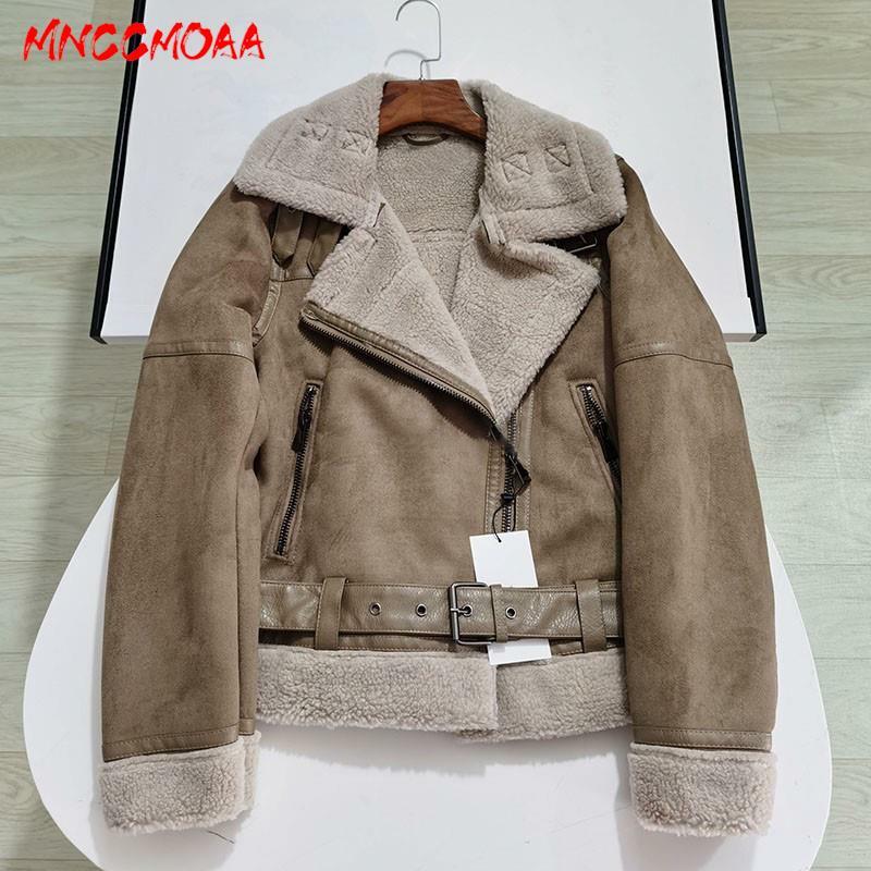 MNCCMOAA mantel kulit imitasi untuk wanita, jaket kulit sintetis ritsleting kasual bahan Suede, mantel musim dingin longgar 2024