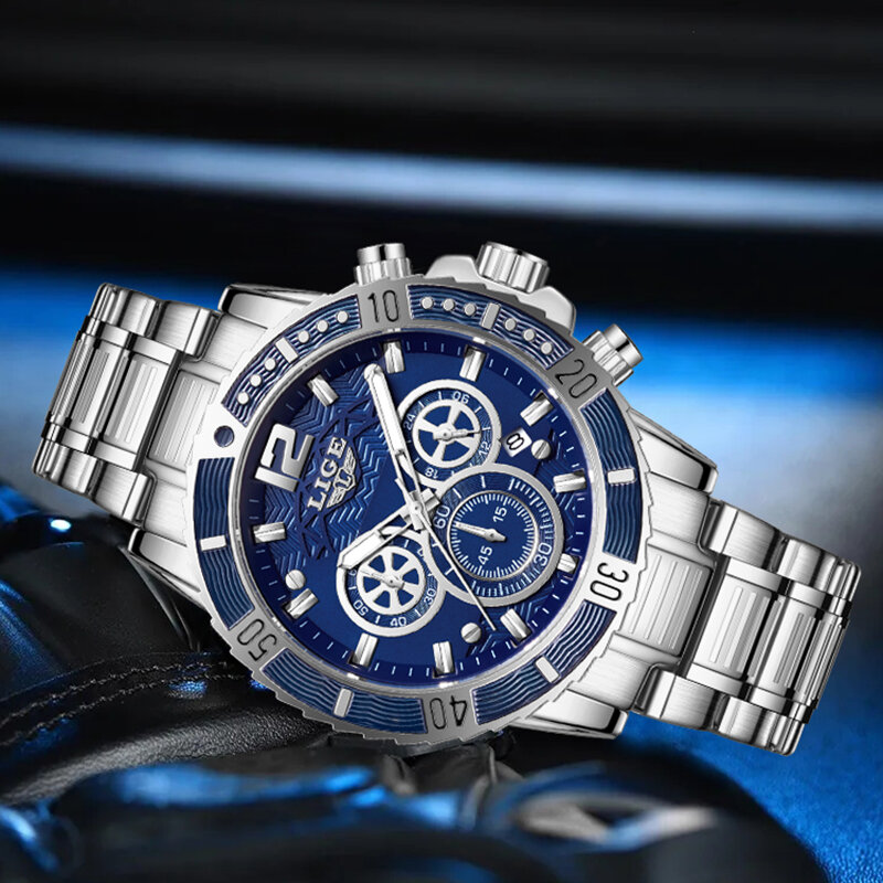 Часы наручные LIGE Мужские кварцевые, деловые водонепроницаемые светящиеся спортивные, с хронографом, из нержавеющей стали